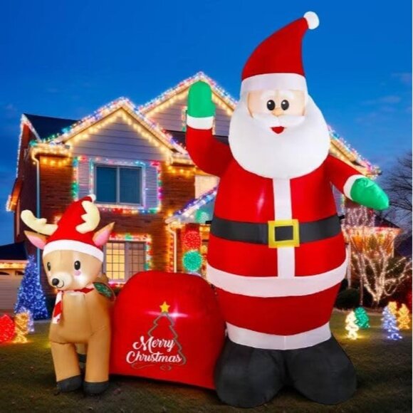 7FT Christmas Inflatable Santa with Reindeer and Balls Outdoor Yard Decor LEDs - Picture 1 of 7